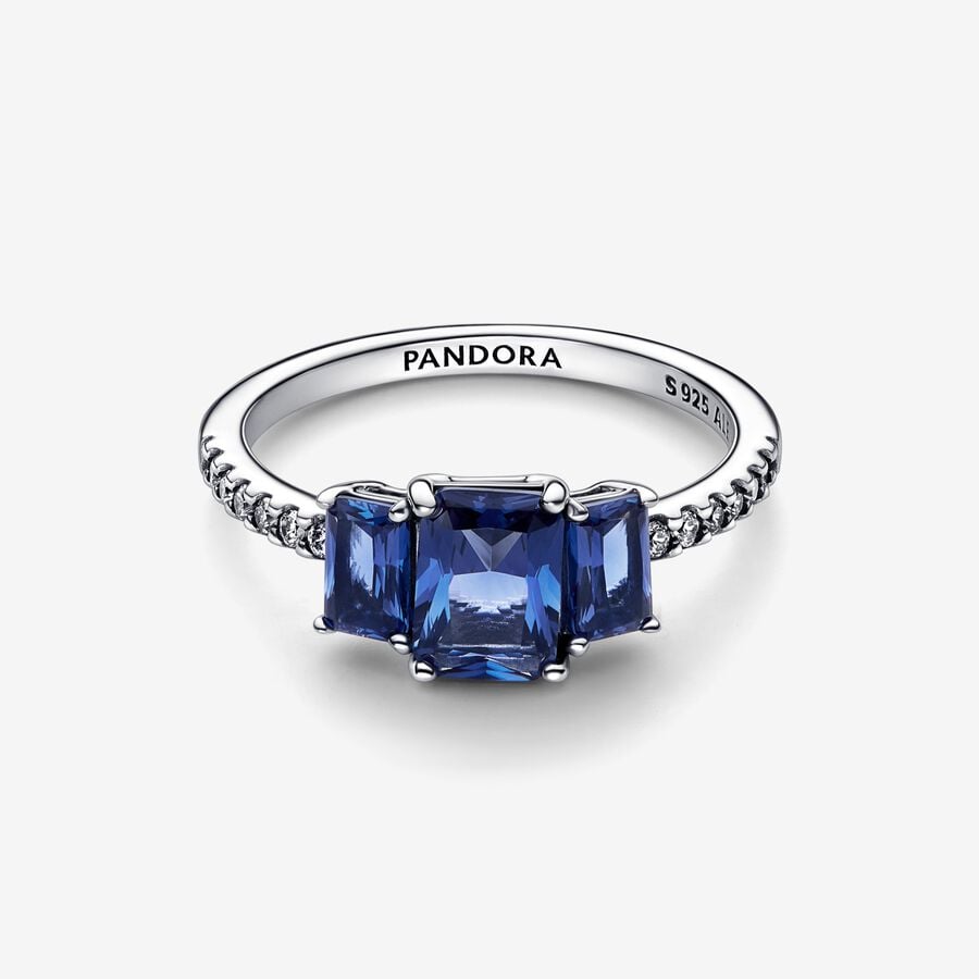 Pandora Blue Rectangular Three Stone Sparkling Ring With Gift Box