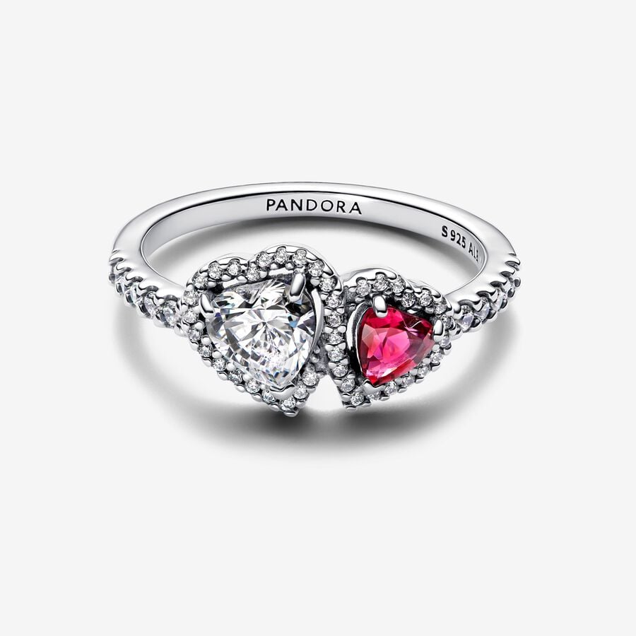 Pandora Halo Hearts Red&Clear Stones Ring Sterling Silver With Gift Box